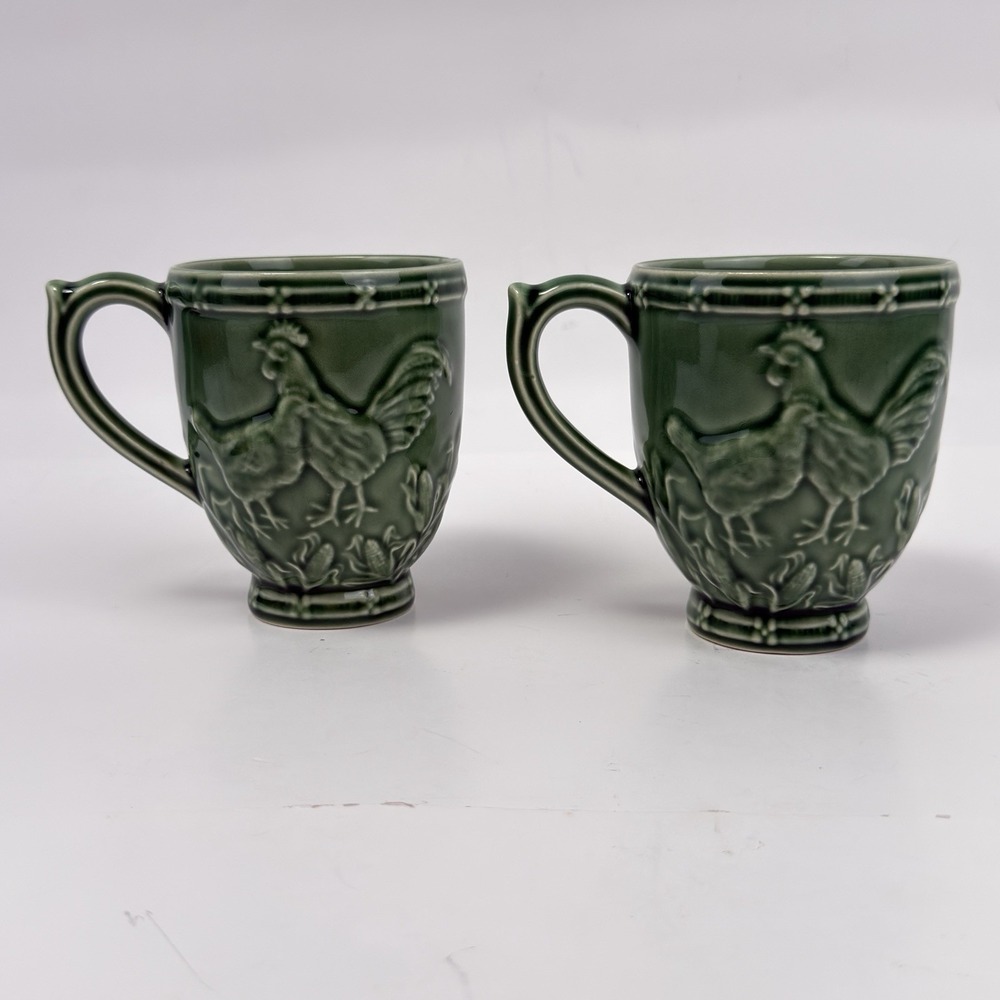 Bordallo Pinheiro Hen Farm Rooster Coffee Mugs Set of 2 Green Majolica Portugal